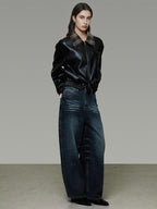 unspoken Commuter Loose Cropped Colorblock Patchwork Lapel Zipper Leather Jackets