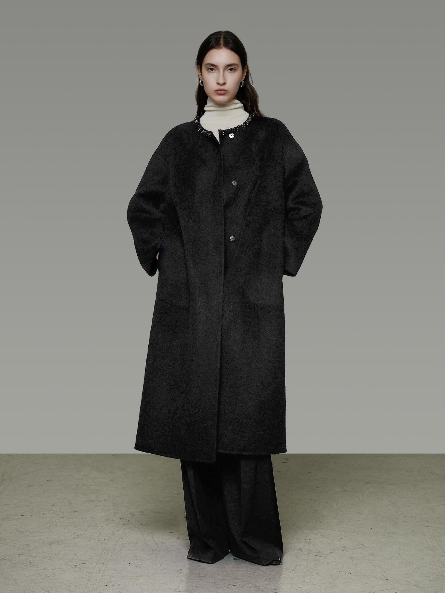 unspoken Heavyweight Lambswool Blend Minimal Commuter Loose Longline Black Wool Coats