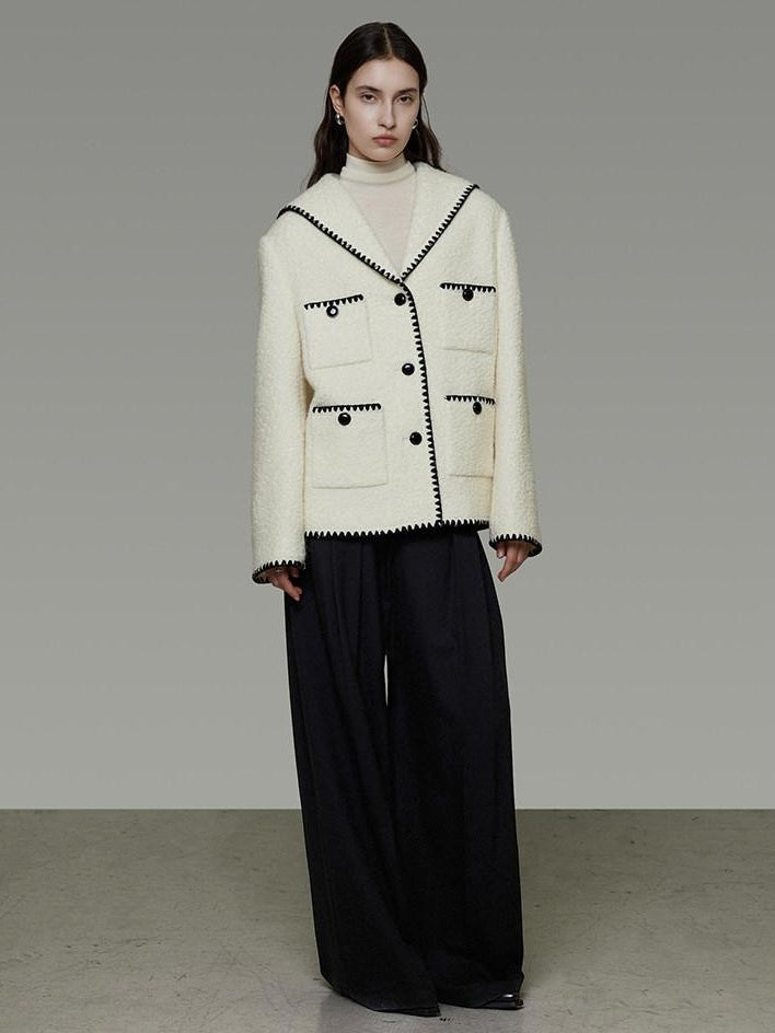 unspoken Lambswool Blend Tailored Loose Minimal Notch Collar Officewear Women Wool Coats
