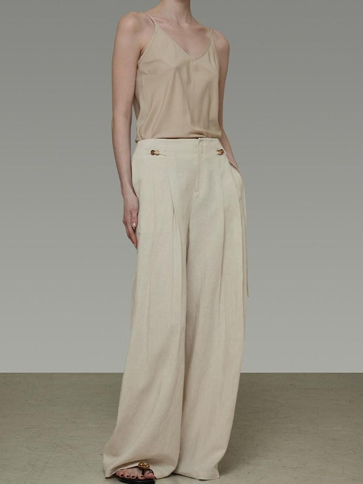 unspoken High Waisted Lyocell Linen Pleated Tie Waist Office Casual Wide Leg Pants