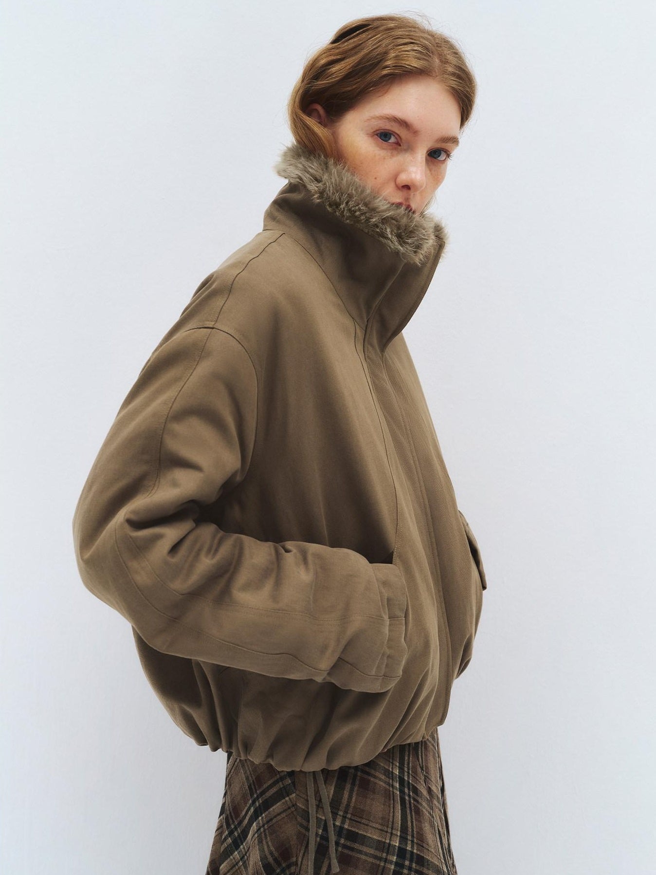 someonesometimes Lyocell Cotton Blend Relaxed Stand Collar Zip Women Beechwood Green Short Coat