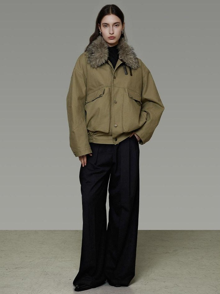 unspoken Thick Fleece Lined Fur Collar Loose Minimal Commuter Women Sage Puffer Jackets