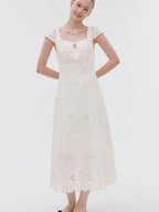 fano Breathable Cotton A Line Square Neck Short Sleeve Work White Maxi Dresses