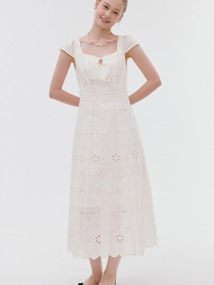 fano Breathable Cotton A Line Square Neck Short Sleeve Work White Maxi Dresses