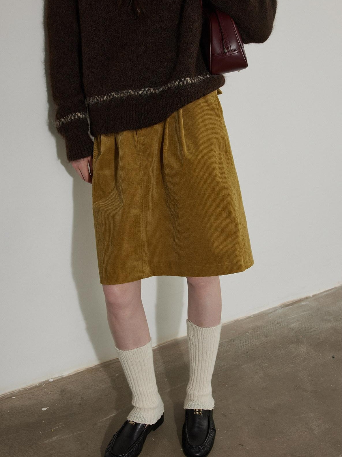 Lofi choose Cotton Pleated Vintage Aline Elastic Waist Loose Workwear Midi Skirts