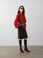 audreyyang Premium Sheepskin Mid Waist Straight Front Slit Black Women Leather Midi Skirts