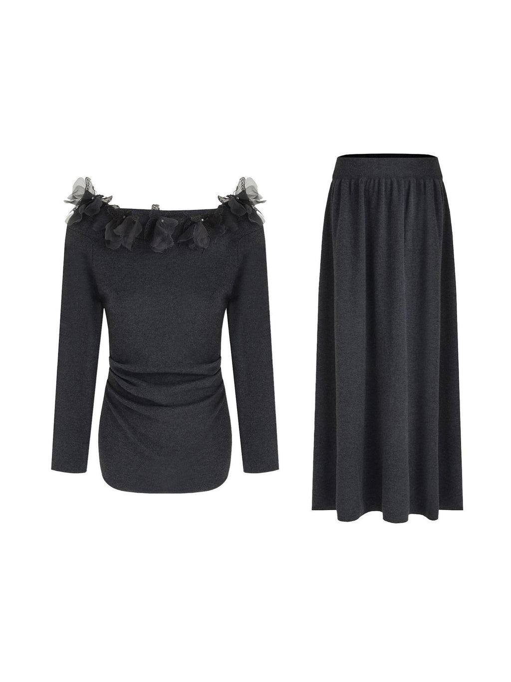 unspoken High Stretch Slim Knit Boat Neck Long Sleeve Dark Gray Office Top & Skirt Sets