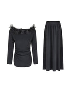 unspoken High Stretch Slim Knit Boat Neck Long Sleeve Dark Gray Office Top & Skirt Sets
