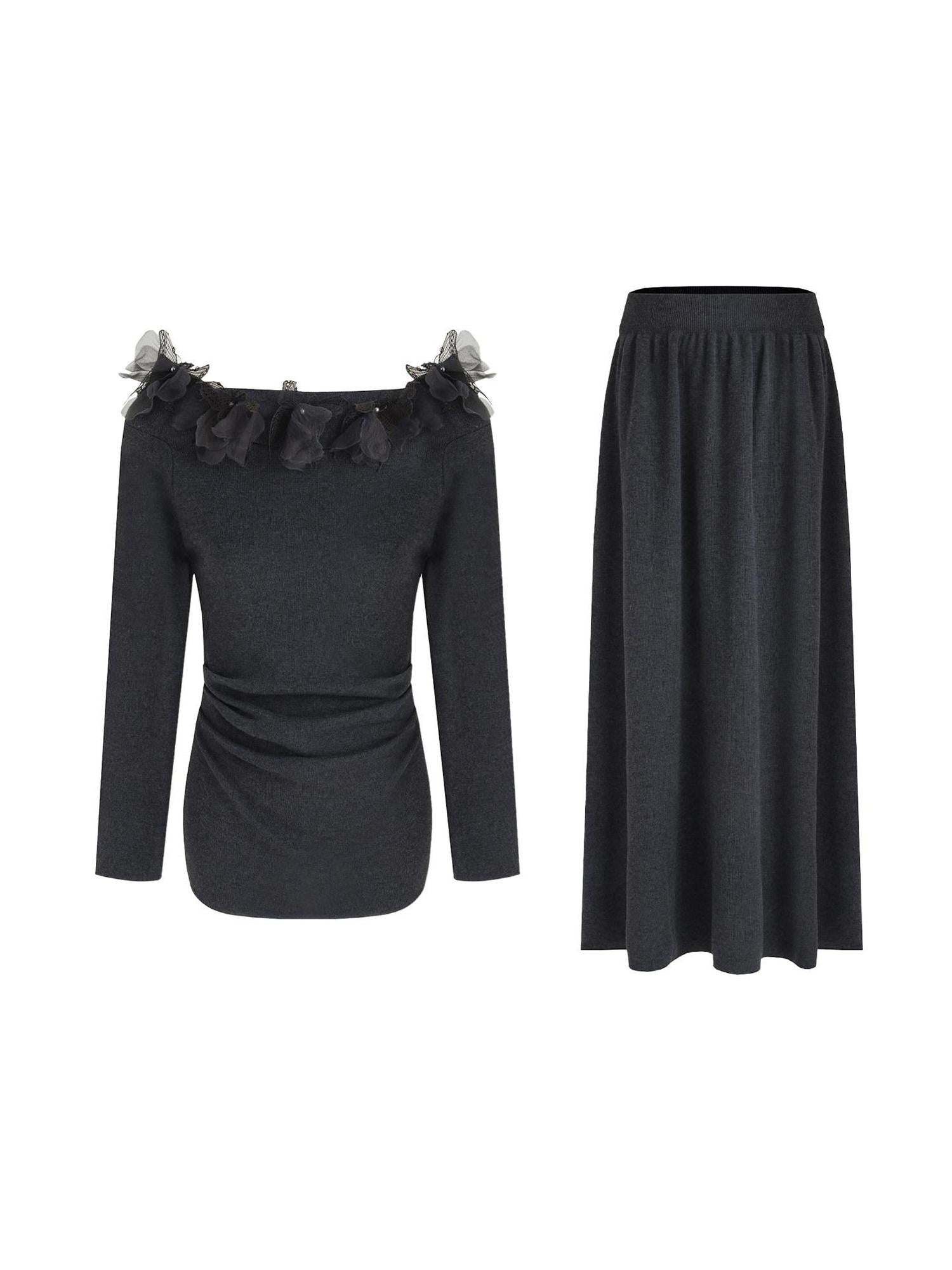 unspoken High Stretch Slim Knit Boat Neck Long Sleeve Dark Gray Office Top & Skirt Sets