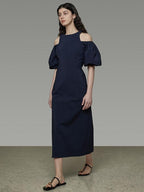 unspoken Slimming Waist A Line Irregular Hem Puff Sleeve City Navy Maxi Dresses