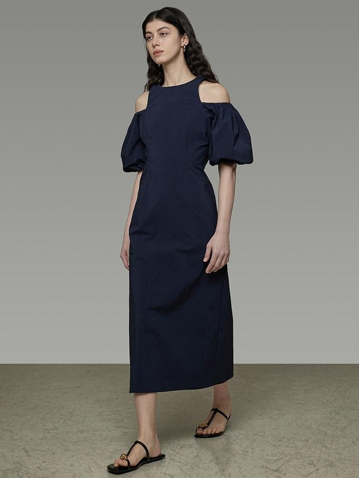 unspoken Slimming Waist A Line Irregular Hem Puff Sleeve City Navy Maxi Dresses
