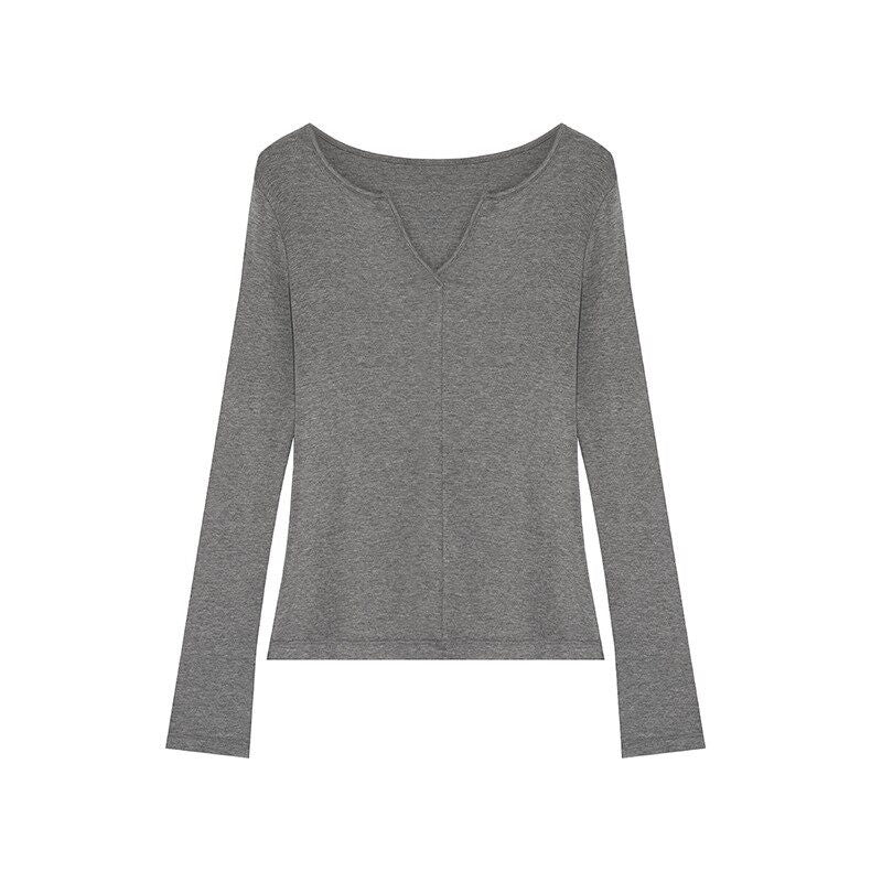 fano_Soft_V-neck_Slim_Fit_Commuter_Top_For_Women_Solid_Color_Long_Sleeve_T-Shirts_MISSTT