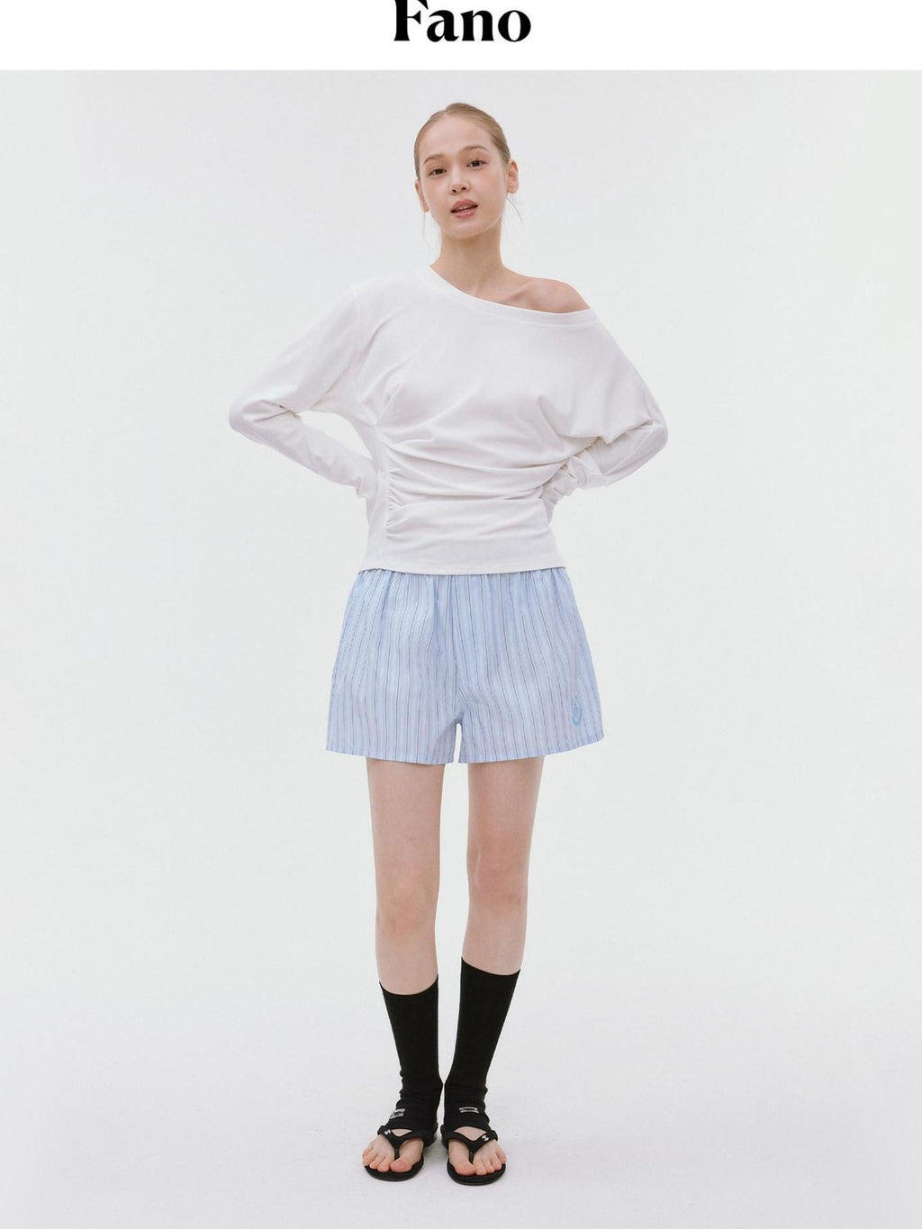 fano Elastic Waist Minimal Commuter Straight Cotton Blend Mist Blue Mid-Length Shorts