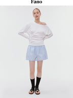 fano Elastic Waist Minimal Commuter Straight Cotton Blend Mist Blue Mid-Length Shorts