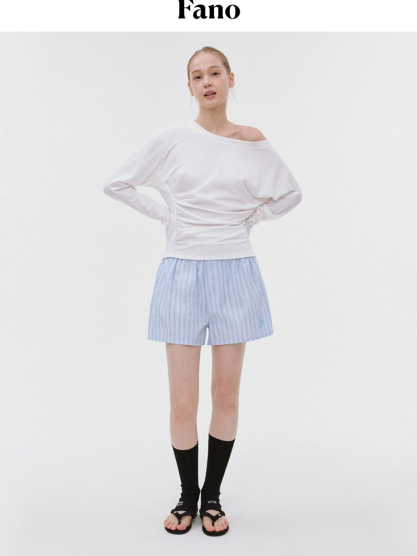 fano Elastic Waist Minimal Commuter Straight Cotton Blend Mist Blue Mid-Length Shorts