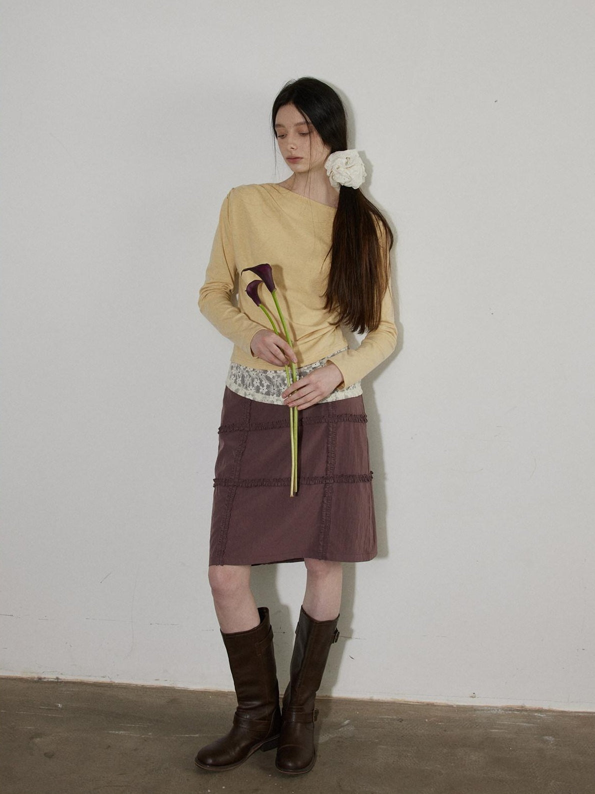 Lofi choose Cream Knit Paneled Relaxed Fit One Shoulder Women Long Sleeve T-Shirts