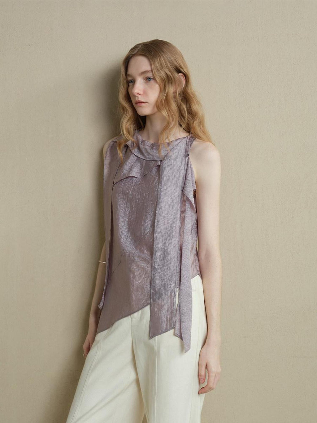 someonesometimes Asymmetrical Fringe Slim Fit Strap Solid Silver Purple Long Sleeve Crop Tops