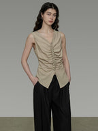 unspoken Ruched Soft Viscose Loose Workwear Women Khaki Solid Off Shoulder Crop Tops