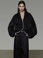 unspoken Minimalist Commuter Tailored Oversized V-neck Short Black Women Wool Coats