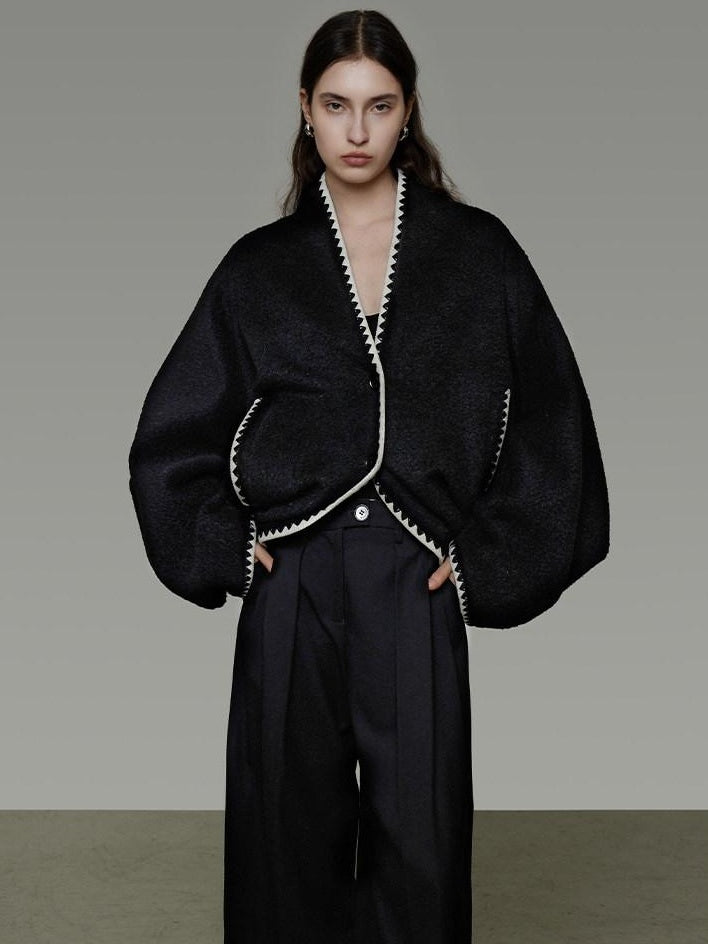 unspoken Minimalist Commuter Tailored Oversized V-neck Short Black Women Wool Coats