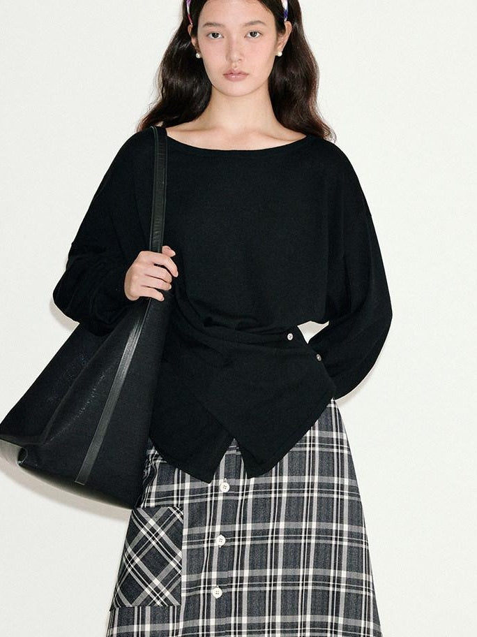 fano Soft Wool Blend Relaxed Loose Batwing Boat Neck Womens Knit Sweaters