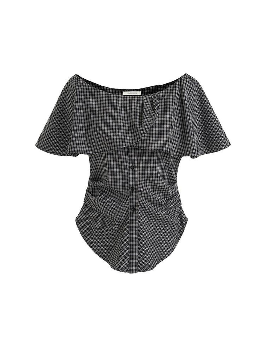 unspoken Breathable Minimal Loose Ruffle Boatneck Women Plaid Button Short Sleeve Blouses