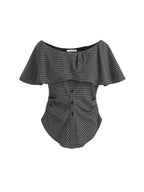 unspoken Breathable Minimal Loose Ruffle Boatneck Women Plaid Button Short Sleeve Blouses