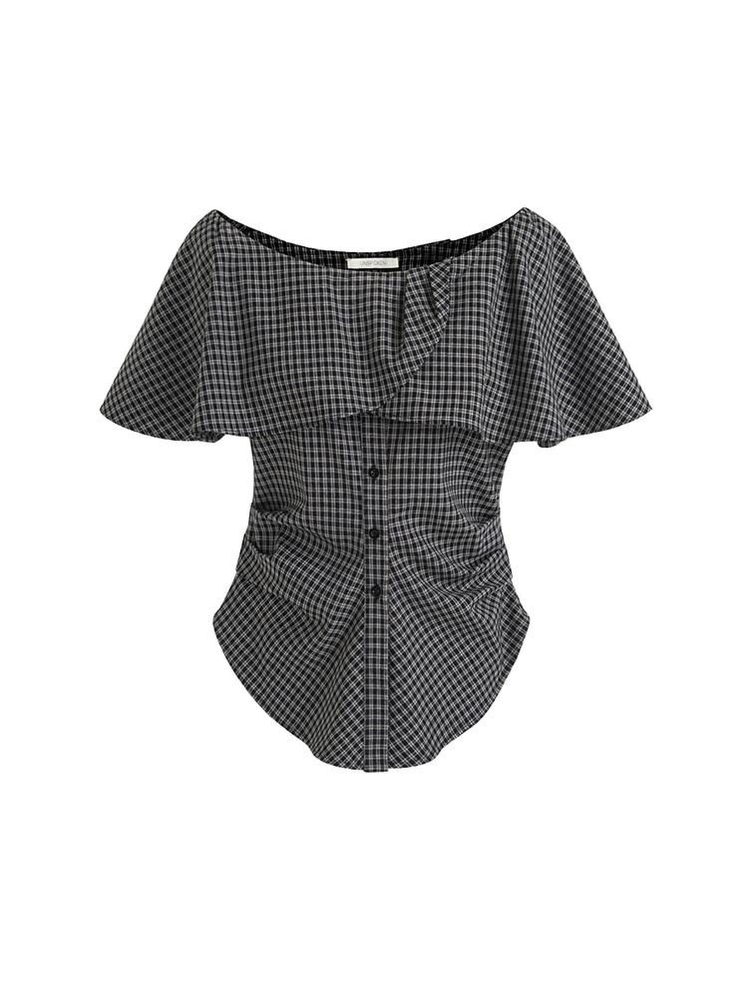 unspoken Breathable Minimal Loose Ruffle Boatneck Women Plaid Button Short Sleeve Blouses
