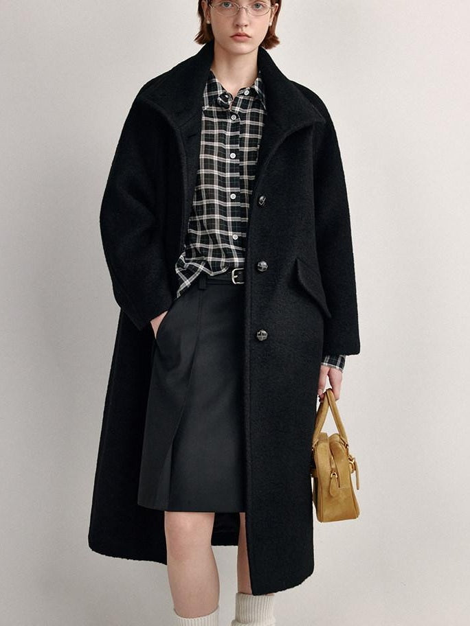 fano Soft Wool Blend Straight Cut Stand Collar Pockets Commuter Midlength Wool Coats