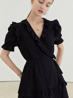fano High Waist Tie A Line Cotton V-neck Puff Sleeves Casual Work Women Midi Dresses