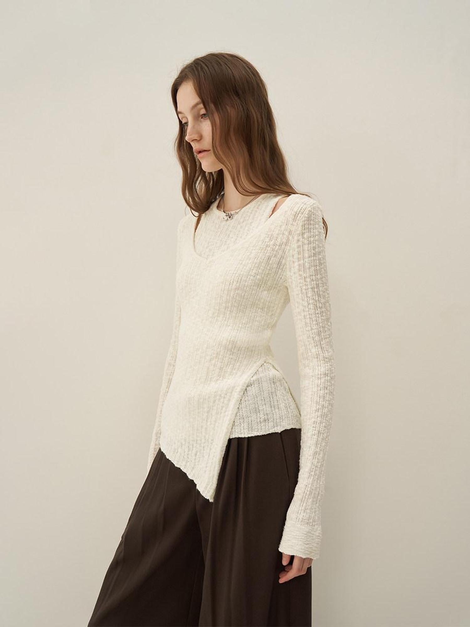 someone sometimes Polyester Blend Knit V-neck Slim Fit Sweet Ivory Women Long Sleeve T-Shirts