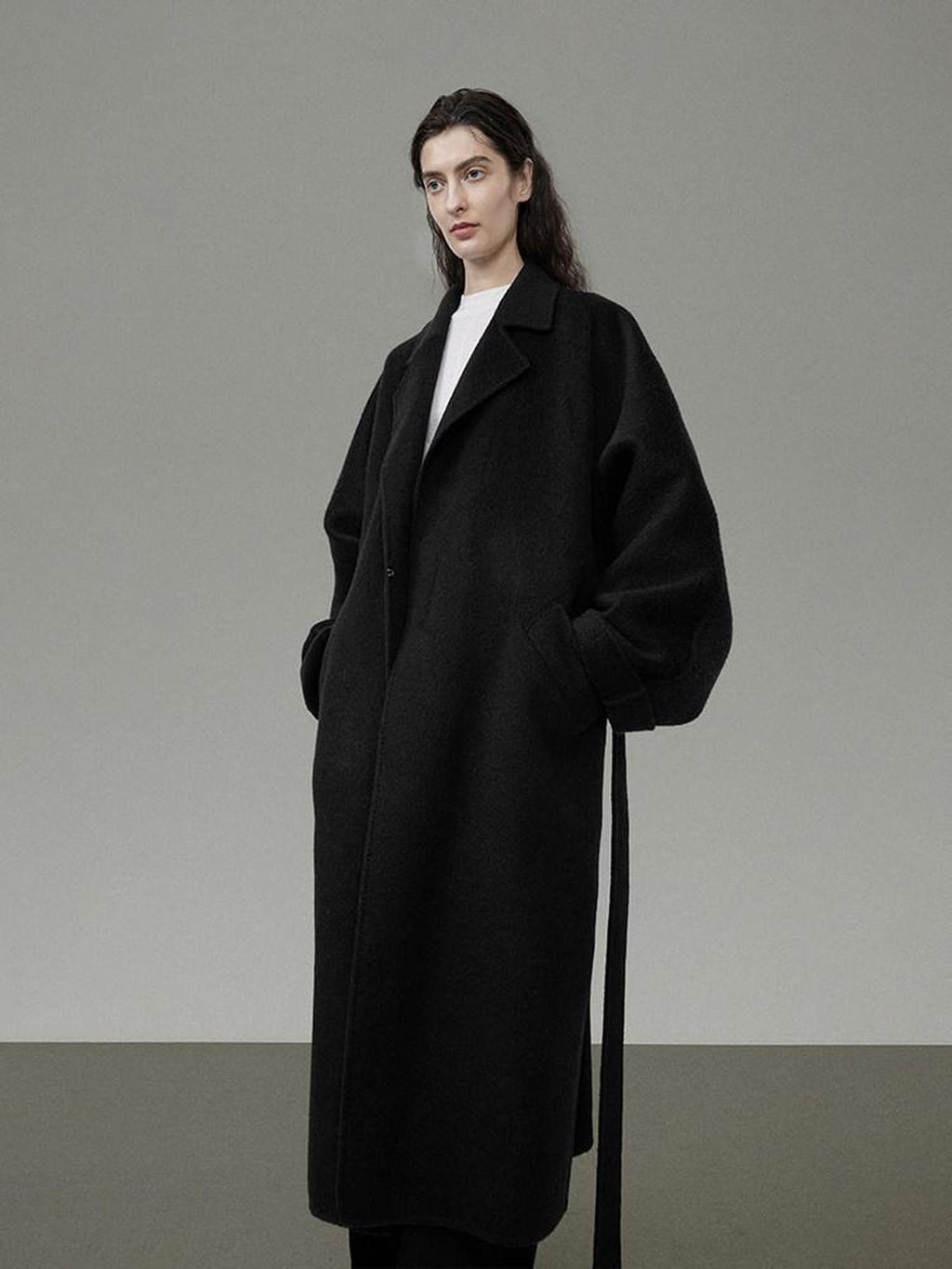 unspoken 100 Percent Wool Minimal Straight Long Tie Office Women Black Wool Coats