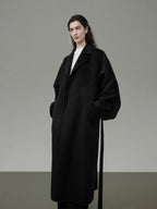 unspoken 100 Percent Wool Minimal Straight Long Tie Office Women Black Wool Coats