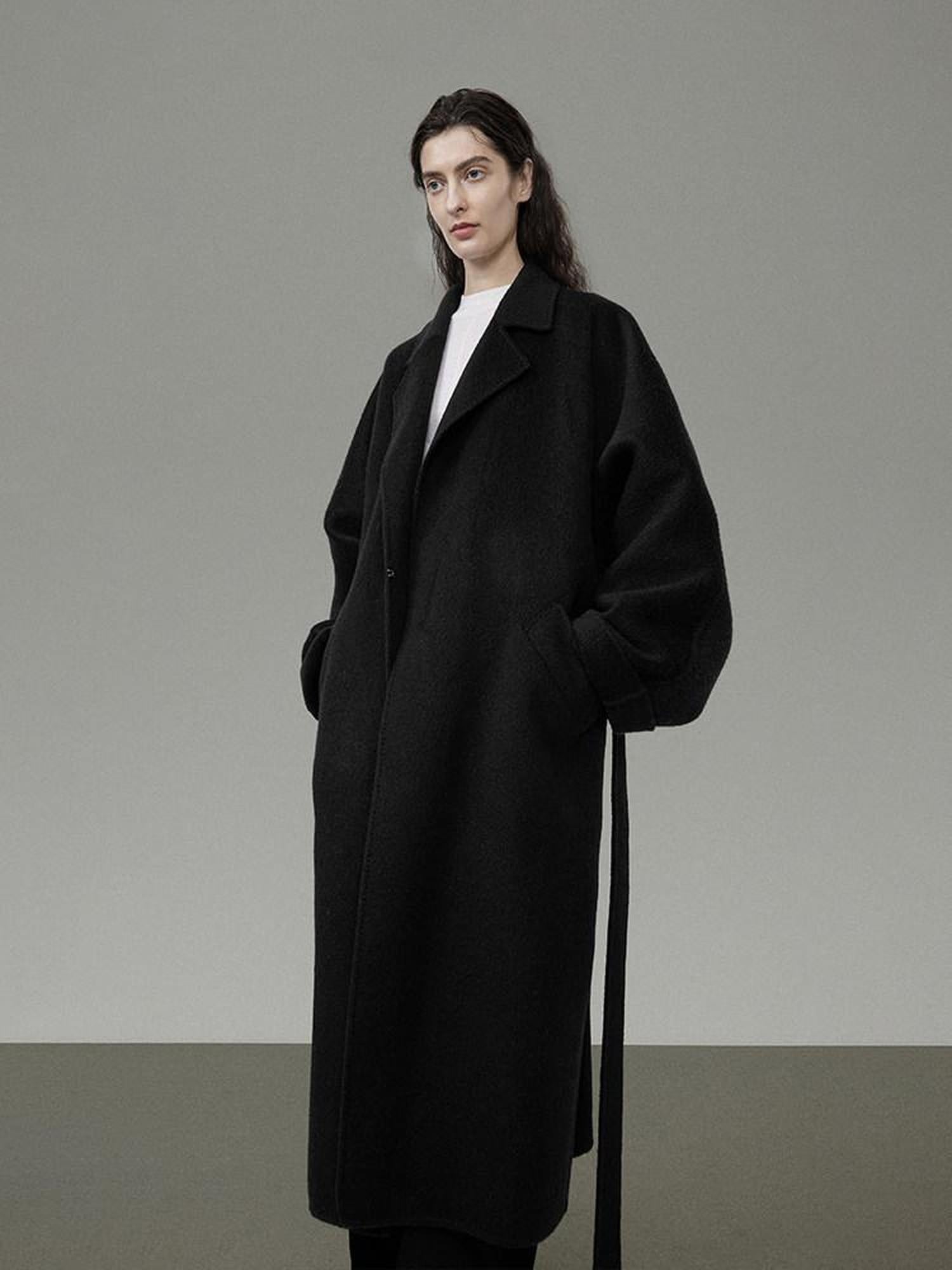 unspoken 100 Percent Wool Minimal Straight Long Tie Office Women Black Wool Coats