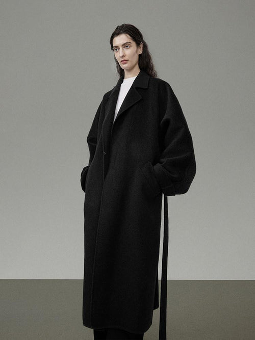 unspoken 100 Percent Wool Minimal Straight Long Tie Office Women Black Wool Coats