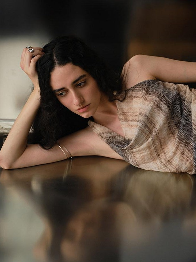 someonesometimes Original Asymmetric Patchwork Striped Slim Curve Khaki Brown For Women Vest