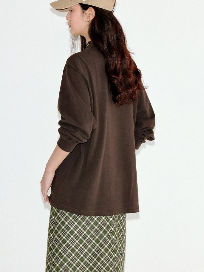 fano Embroidered Cotton Blend Relaxed Loose Womens Casual Long Sleeve T-Shirts