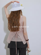 Lofi choose Button Front Loose Workwear Sleeveless Charcoal Off Shoulder Crop Tops