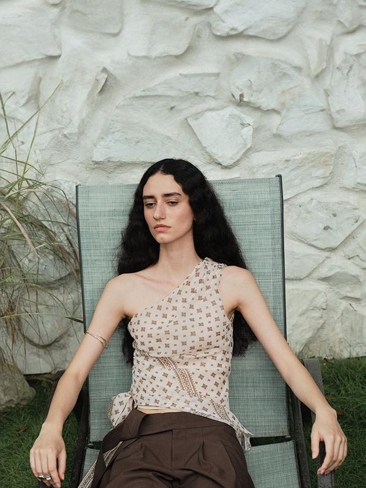 someonesometimes Ruched Asymmetrical Tie One Shoulder Workwear Floral Polyester Beige Tube Tops