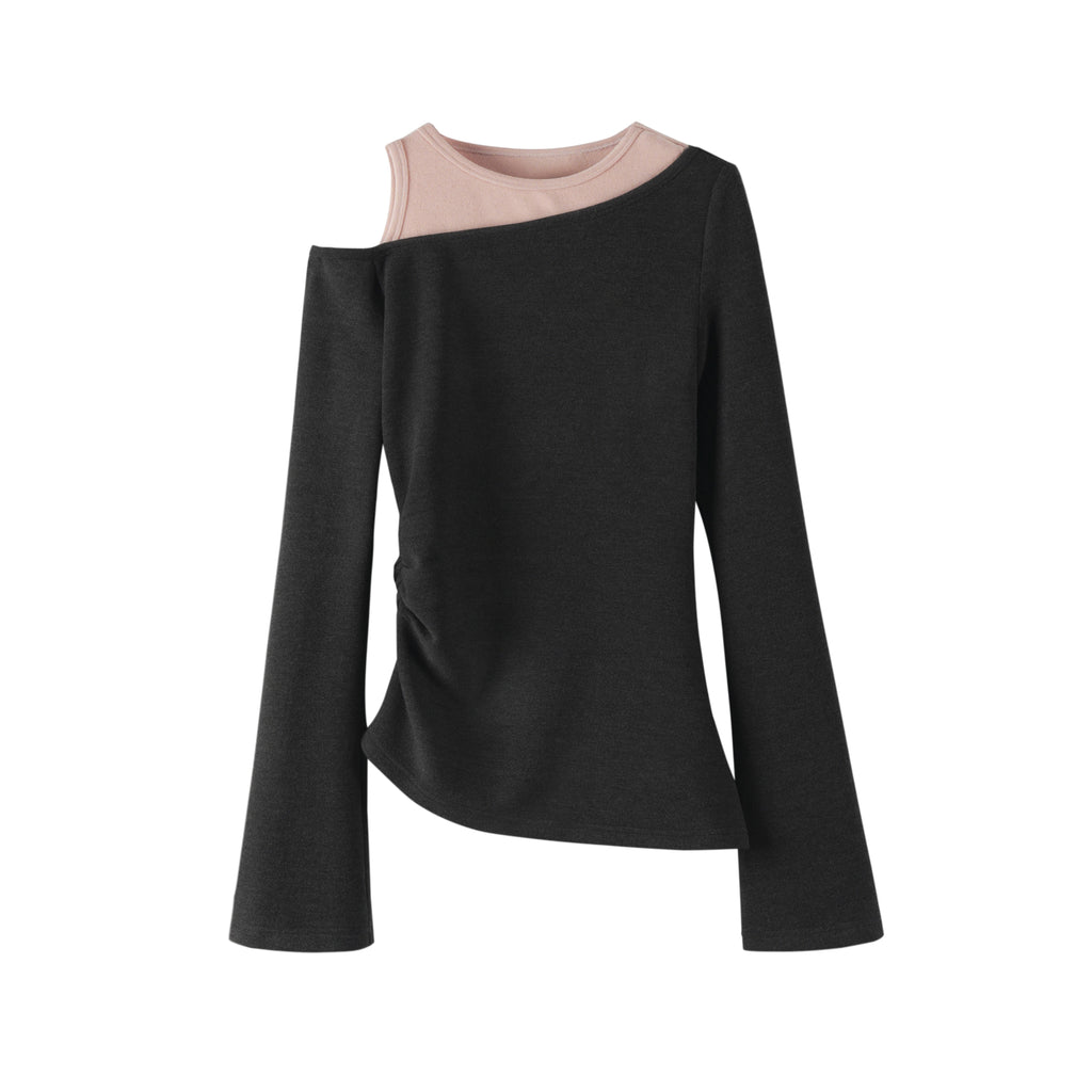 someonesometimes Colorblock Charcoal Pink Asymmetrical Knit Loose Viscose Off Shoulder Crop Tops