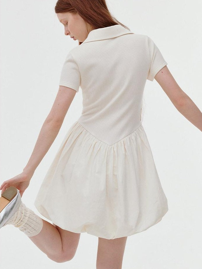 fano Stretch Short Sleeve Polo Cocoon Bubble Skirt Natural Waist Beige Midi Dresses