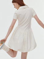 fano Stretch Short Sleeve Polo Cocoon Bubble Skirt Natural Waist Beige Midi Dresses