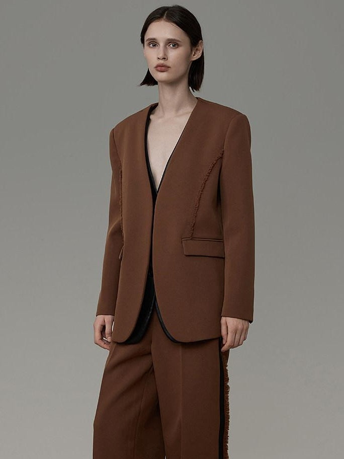 unspoken High Cotton Blend Minimalist Tailored Contrast Brown Black Women Top & Pants Sets