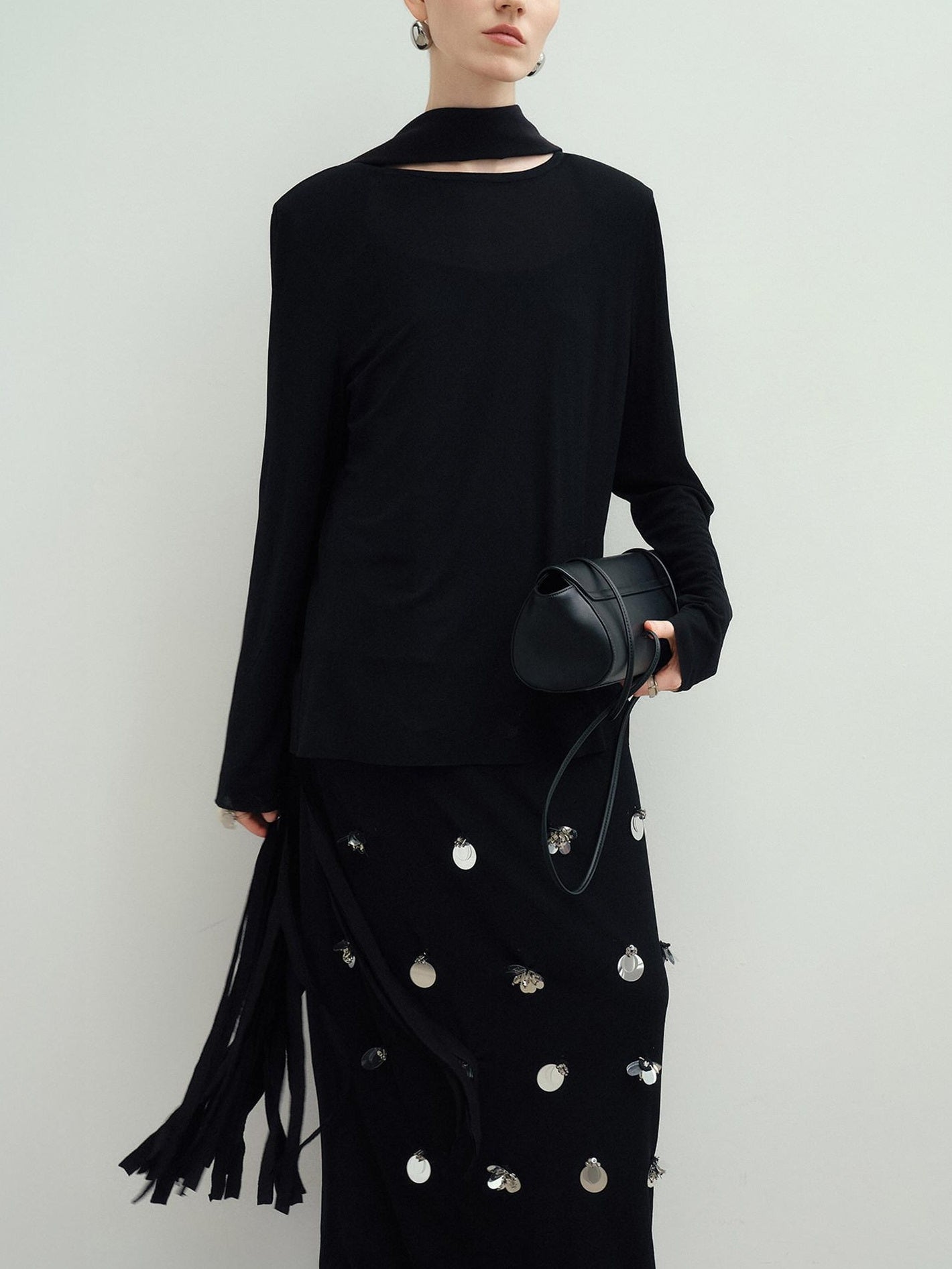 audreyyang Slim Minimal Office Crew Neck Long Sleeve Acetate Blend Black Cropped Jackets