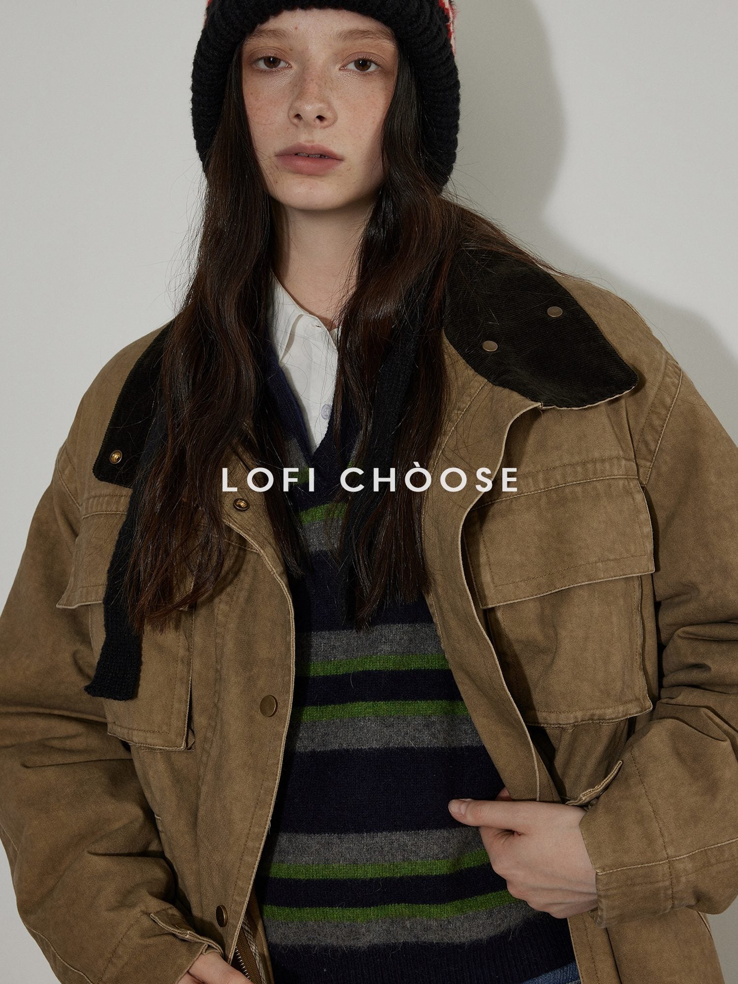 Lofi choose Warm Insulated Oversized Commuter Stand Collar Sand Brown Zip Puffer Jackets