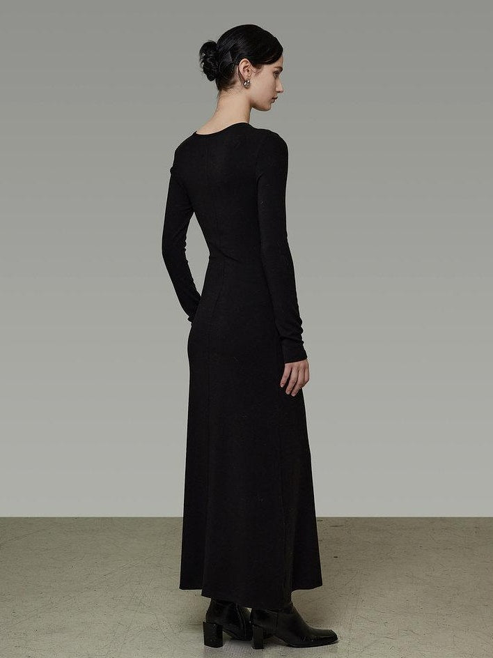 unspoken Breathable Minimalist High Waist Aline Knit Long Sleeve Women Black Maxi Dresses