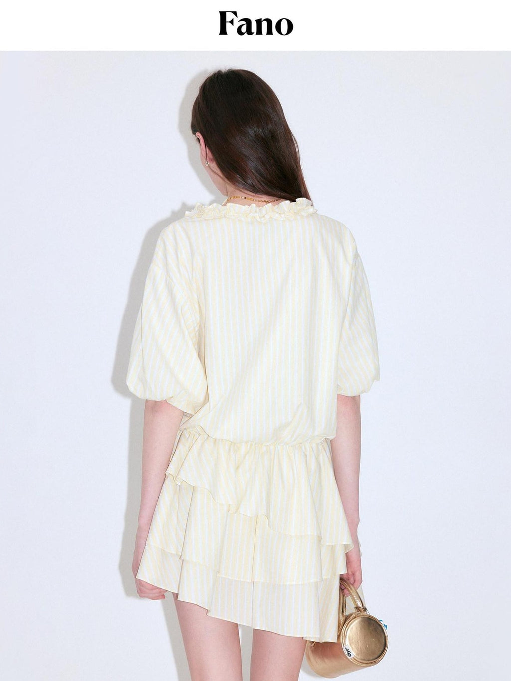 fano Pure Cotton High Waist Ruffle Puff Sleeve V-neck Yellow Striped Midi Dresses