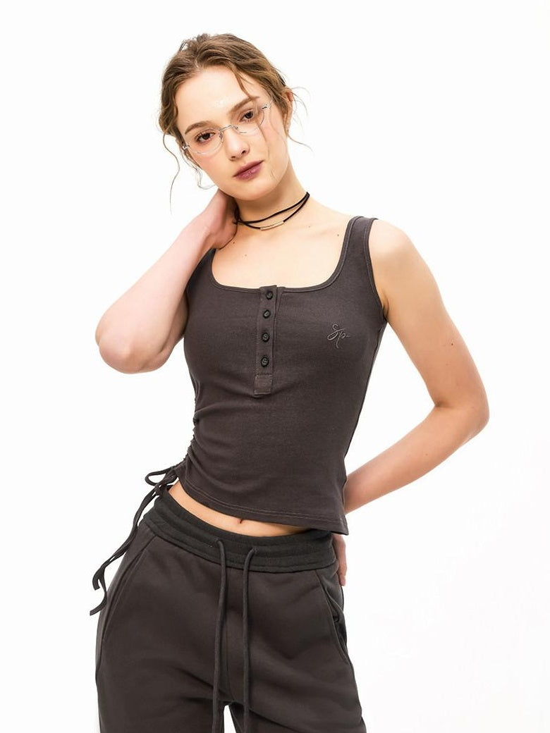 ikyou Embroidered Cropped Slim Fit Workwear Cotton Stretch Dark Gray Women Tank Tops