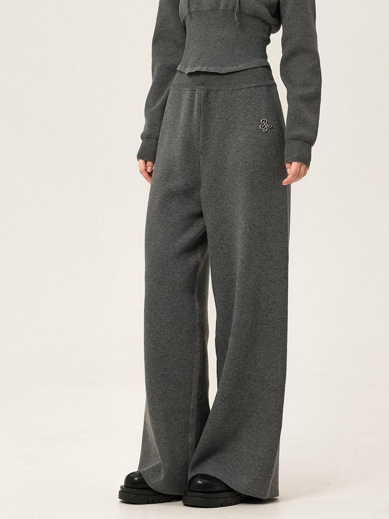 ikyou Ribbed Grey Cropped Hood Pullover Commuter Polyester Women Top & Pants Sets