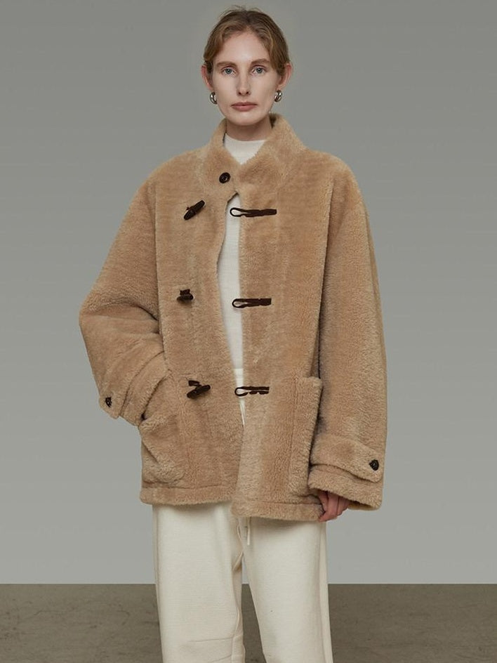 unspoken Warm Fur Lined Oversized Stand Collar Khaki Women Short Coat